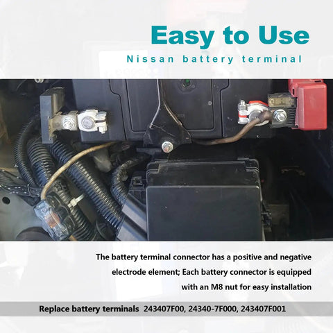 Easy use Nissan battery terminals installed, showing Pair Of Premium Nissan Battery Terminal Connectors For Rogue Maxima And Murano Positive And Negative Posts OEM 243407F000 243407F001 Easy Install No Fuss Durable Copper Contacts Built To Last