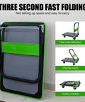 Beefy Heavy Duty Flatbed Cart 660 Lb Platform Hand Truck Foldable Push Cart With 360 Degree Rotating Polyurethane Wheels Spring Assisted Quick Fold Green Ergonomic Armrest Cargo Retention Plate For Easy Loading And Storage folded flat