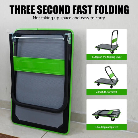 Beefy Heavy Duty Flatbed Cart 660 Lb Platform Hand Truck Foldable Push Cart With 360 Degree Rotating Polyurethane Wheels Spring Assisted Quick Fold Green Ergonomic Armrest Cargo Retention Plate For Easy Loading And Storage folded flat