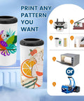 Premium 4 Pack 16 Oz Sublimation Beer Can Cooler Blanks showing colorful designs on stainless steel tumblers with print instructions.