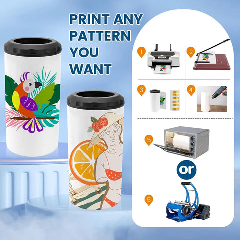 Premium 4 Pack 16 Oz Sublimation Beer Can Cooler Blanks showing colorful designs on stainless steel tumblers with print instructions.