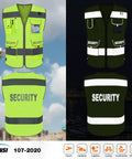 Hella Visible Mesh Safety Vest For Men And Women With Big Time Reflective Striping And Nine Deep Utility Pockets For Solid Day Or Night Job Site Wear In Bright Yellow XL shown in front and back views with security label.