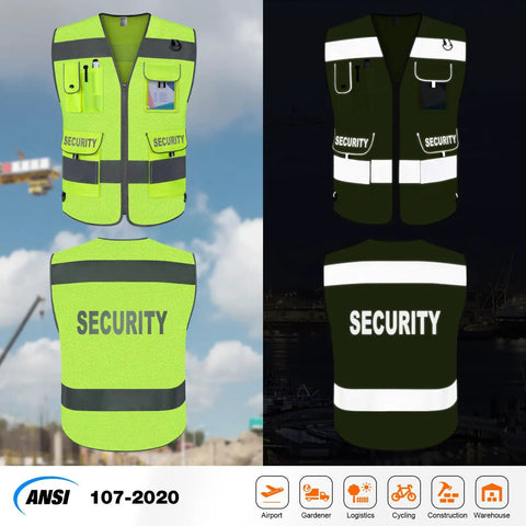 Hella Visible Mesh Safety Vest For Men And Women With Big Time Reflective Striping And Nine Deep Utility Pockets For Solid Day Or Night Job Site Wear In Bright Yellow XL shown in front and back views with security label.