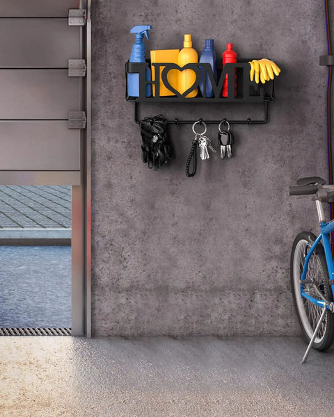 Streamline Your Entryway With This 5 Hook Wall Key Holder And Mesh Mail Basket Organizer In Matte Black installed on wall.