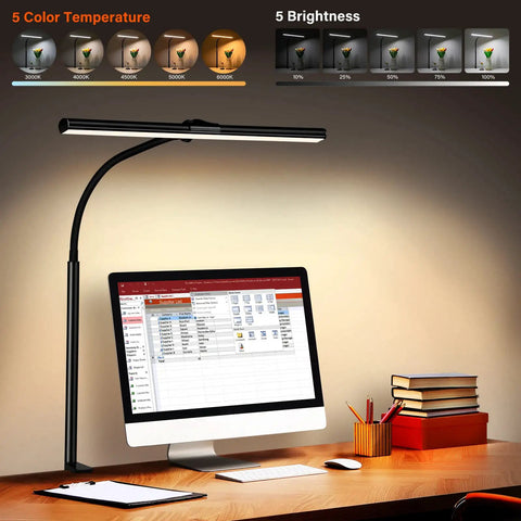 Clip On Desk Lamp With Clamp 360 Degree Swing Arm Gooseneck Task Light on an office desk with computer and books