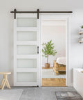 Glass Barn Door 28 x 84 In with 5 Ft Sliding Hardware Kit and Handle, pre-drilled, 5 panel frosted and clear glass in home setting