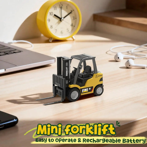 Mini RC Forklift 1 to 64 Scale Alloy Toy With App Programmable Path And Bluetooth Remote Control on desk with accessories.