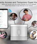 Image showing the smart front door lock with keyless entry for existing deadbolt, compatible with Alexa and Google Assistant. Auto lock and unlock features displayed with family user access on app screen.