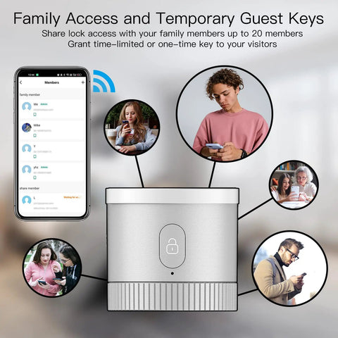 Image showing the smart front door lock with keyless entry for existing deadbolt, compatible with Alexa and Google Assistant. Auto lock and unlock features displayed with family user access on app screen.