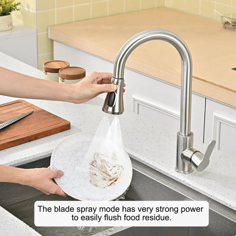 Universal Kitchen Faucet Head Replacement In Brushed Nickel With 17 Adapters For Pull Down Sink Sprayers, cleaning dish with strong spray.