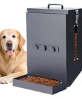 Real Deal Automatic Dog Feeder Hanging Pet Cage Food Dispenser Holds 17 Pounds with gravity bowl and large dog.