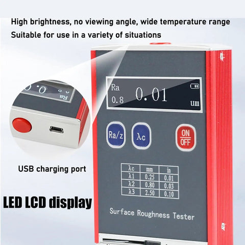 Pro Grade Surfaces Roughness Tester Portable Profilometer With Display Digital Surfaces Gauge showing OLED screen details.