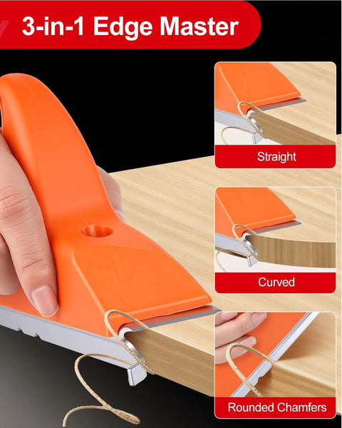 Hand using Legendary 3 In 1 Edge Banding Trimmer With Rock Solid Stainless Blades on straight curved wood edges.