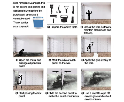 Step-by-step installation process for Retro Steam Train Mural 59 By 41 Inch Silk Cloth Wall Art, showing tools and panel placement.