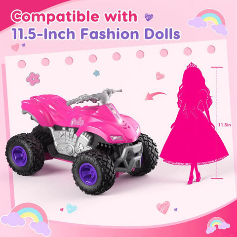 Pink Rad All Terrain RC Car For Girls 2.4GHz Remote Control Off Road Toy Vehicle Ideal Birthday Gift For Kids 3 Plus Fits 11.5 Fashion Dolls ATV Style With Long 98 Ft Range beside fashion doll silhouette