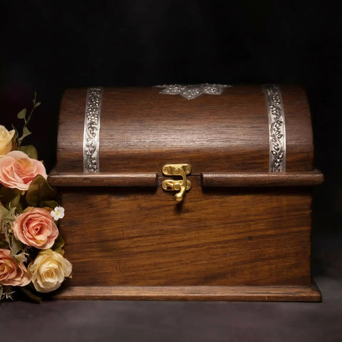Vintage wooden box with gold-tone latch and floral decor, showcasing Retro Style Mini Hinges For Small Wooden Boxes And Jewelry Boxes.