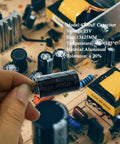 Hand holding 4700uF 25V capacitor on circuit board for DIY soldering, Arduino projects, electronics repair, rated high temp, 16x25mm.