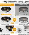 Comparison of Two Light Black Flush Mount Ceiling Light Fixture With Seeded Glass Shade highlighting design and illumination differences.