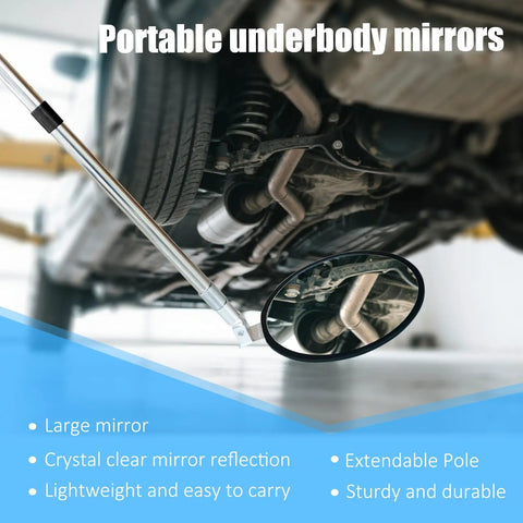 Telescoping Under Vehicle Inspection Mirror With Light For Easy Security Checks At Airports Border Crossings Sheriff Or Military Bases Go To Universal Fit For Cars And Trucks Durable Extendable Handle For Tight Spaces And Fast Inspections shown under a vehicle with an extendable pole and round mirror.