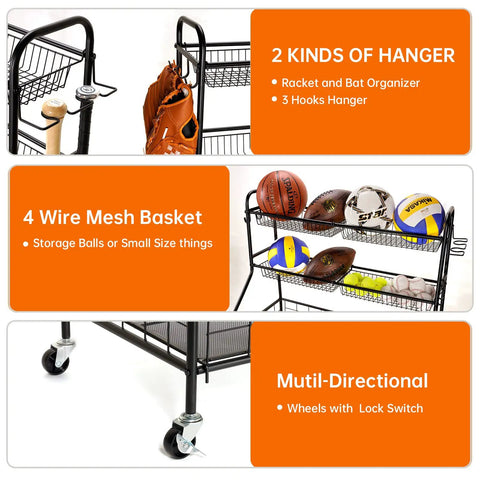 Heavy Duty Garage Sport Organizer With Steel Basketball Rack Baseball Bat Holder And Hooks Easy Assembly Storage