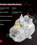 Product specifications for Straight Swap AC Compressor With Clutch For Ford Edge And Fusion Plus Lincoln MKZ, showing details.