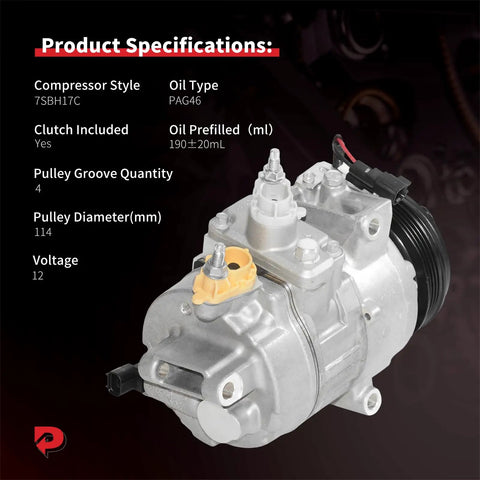 Product specifications for Straight Swap AC Compressor With Clutch For Ford Edge And Fusion Plus Lincoln MKZ, showing details.