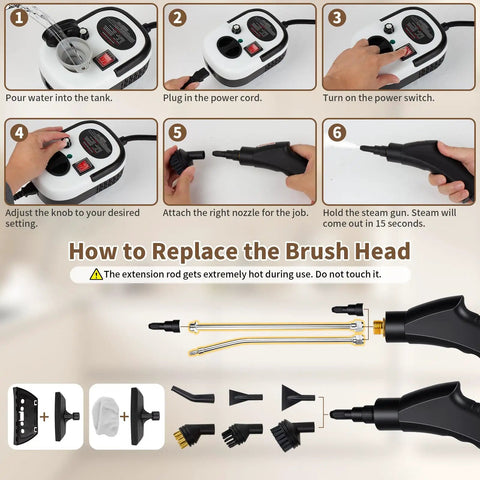 Negom Handheld Steam Cleaner High Pressure 2500W Portable Carpet & Grout Cleaner setup instructions with nozzle tools and water tank.