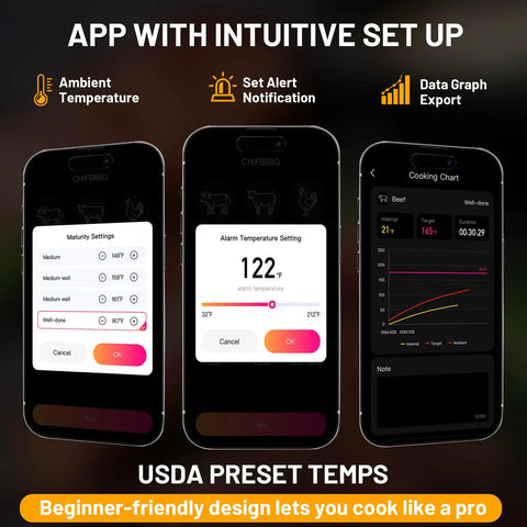 Wireless Meat Thermometer With Smart Timer And App Control For Grill, BBQ, Oven And Smoker app interface with settings
