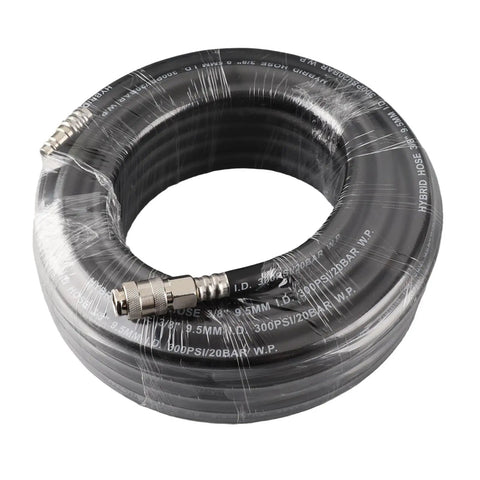 Heavy Duty 15 Meter Pneumatic Air Hose Kit For Garage Pros Features 900 PSI Max High Pressure Rating With Flexible Reinforced Rubber Design That Handles Hot Cold Temps And Delivers Rock Solid Reliability For Daily Shop Work And Inflation Jobs., coiled black rubber air hose with metal fitting
