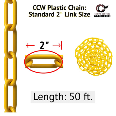 Smooth Operator Black Plastic Chain Barrier For Crowd Control And Steady Line Management Easy Roll Security Divider Two Inch Links Fifty Feet Long For Large Crowds, showing 2" links and 50 ft length.