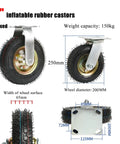 8" inflatable rubber castor wheel with fixed top plate, 250mm height, 65mm width, 200mm diameter, 150kg weight capacity