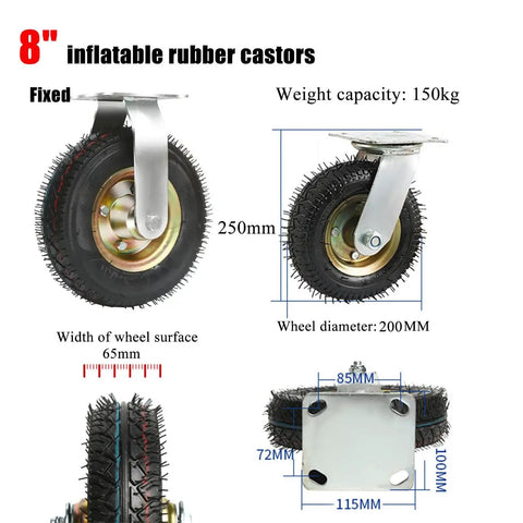 8" inflatable rubber castor wheel with fixed top plate, 250mm height, 65mm width, 200mm diameter, 150kg weight capacity