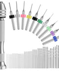 59 Piece Hand Drill Bits Set With Pin Vise And Micro Twist Bits Including 10 Tungsten Carbide Bits, displayed with colorful rings.