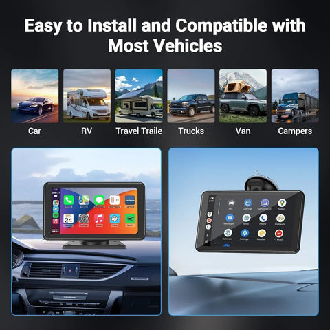 7 Inch Wireless CarPlay And Android Auto Portable Touchscreen Stereo with Backup Camera on car dashboard.