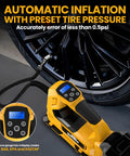 Cordless Tire Inflator Air Compressor For Cars And Bikes On The Go With 150 PSI in action by a car wheel, LED screen visible