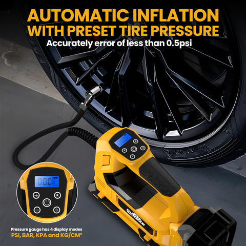 Cordless Tire Inflator Air Compressor For Cars And Bikes On The Go With 150 PSI in action by a car wheel, LED screen visible