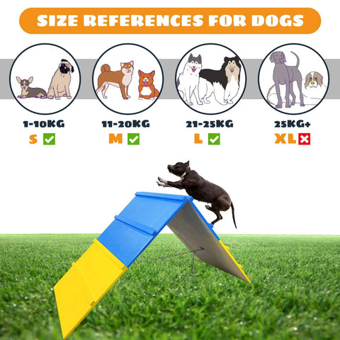 Dog Agility A Frame Training Equipment for Backyard Park and Home Yard Practice with size chart and dog jumping