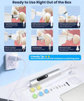 Rechargeable Tooth Polisher Kit With LED Light showing brush heads and charger on surface