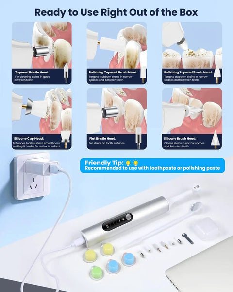 Rechargeable Tooth Polisher Kit With LED Light showing brush heads and charger on surface