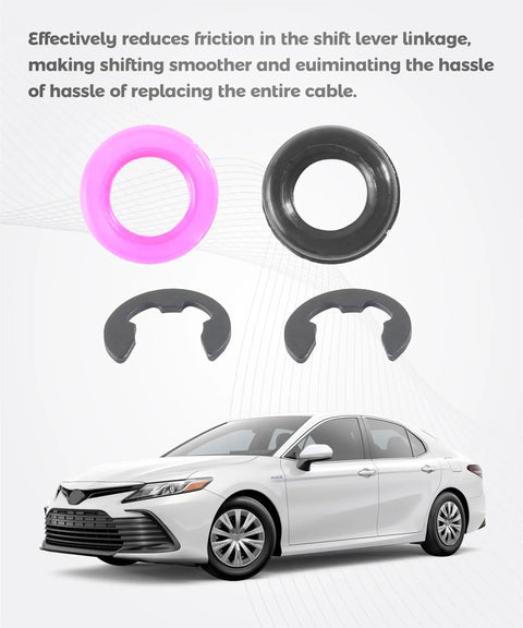 2PCS Shifter Bushing Kit For Transmission Shift Linkage Replacement, visible with pink and black bushings, car shown
