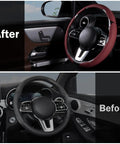 Before and after showing Slick And Hella Comfortable Premium Perforated Leather Steering Wheel Cover, Universal 14.5 To 15 Inch Auto Grip Accessory.