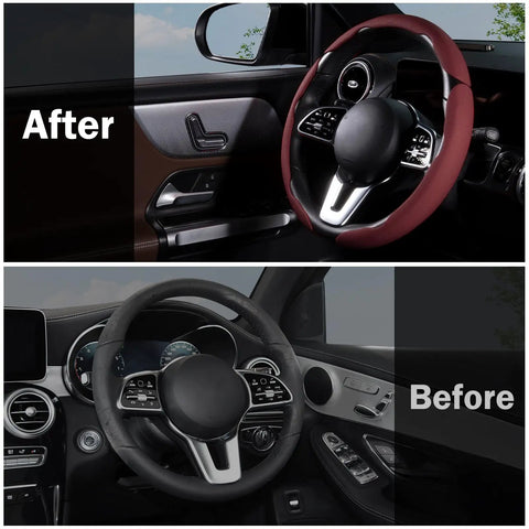Before and after showing Slick And Hella Comfortable Premium Perforated Leather Steering Wheel Cover, Universal 14.5 To 15 Inch Auto Grip Accessory.