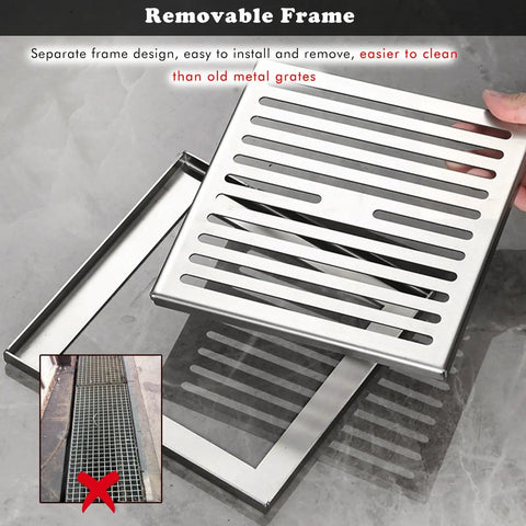 Rock Solid Removable Square Trench Drain Cover With Frame Crafted From Premium 304 Stainless Steel Catch Basin Grate for easy cleaning.