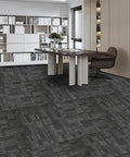 Heavy Duty Commercial Carpet Tiles 24 By 24 Inches Grippy Non Slip Square Floor Tiles For Office Home Gym Garage And Living Spaces 72 Sq Ft Includes 18 Pieces And FlexLok Tabs Gray Thick And Warp Resistant Polypropylene Construction With Asphalt Bottom installed in office with bookshelves and desk
