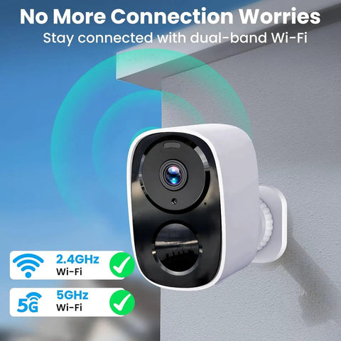 2K Ultra HD Outdoor Wireless Security Cameras With AI Motion Spotlight mounted on a wall showing dual-band WiFi connection.