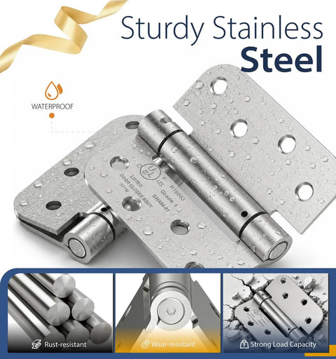 3 Pack 4 Inch Self Closing Door Hinges With 5/8 Inch Radius Corners In Brushed Nickel, Easy Install With Stainless Steel Mounting Screws For Kitchens Bathrooms Garages Offices And Interior Doors. Close-up of brushed nickel self-closing hinge with stainless steel finish