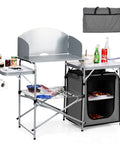 Folding Grill Table With 26 Inch Tabletop And Detachable Windscreen For Camping Kitchen Station Portable Aluminum Camp Cook Set With Carry Bag Easy Quick Setup For BBQ Picnic Backyard Grey, showing full setup with accessories and carry bag.