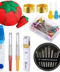 Ultimate 140 Piece Sewing Tool Set With Tomato Pin Cushion Glass Ball Head Pins Self Threading Needles Gourd Shaped Threaders Scissors Seam Ripper Thimble And Soft Tape Measure For DIY Crafters By Fbshicung displayed with pins, needles, and tape measure.