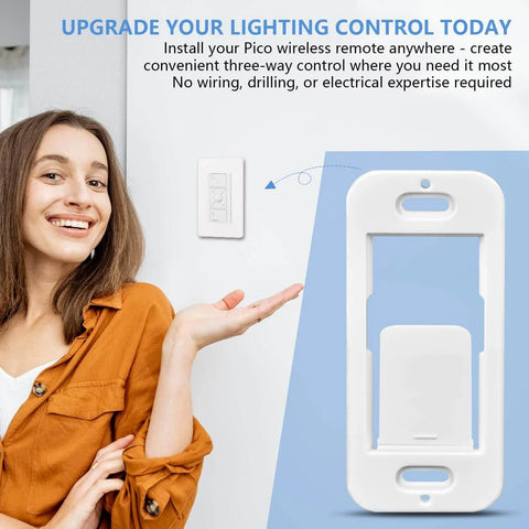 Woman smiling near Pico Remote Wall Plate Brackets 4 Pack Snap In Installation Durable Wall Mount Compatible With Pico Remote display