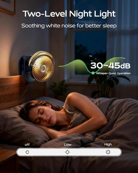 Woman sleeping with Portable Misting Clip On Fan With USB C Rechargeable Battery on night stand, providing quiet cooling.
